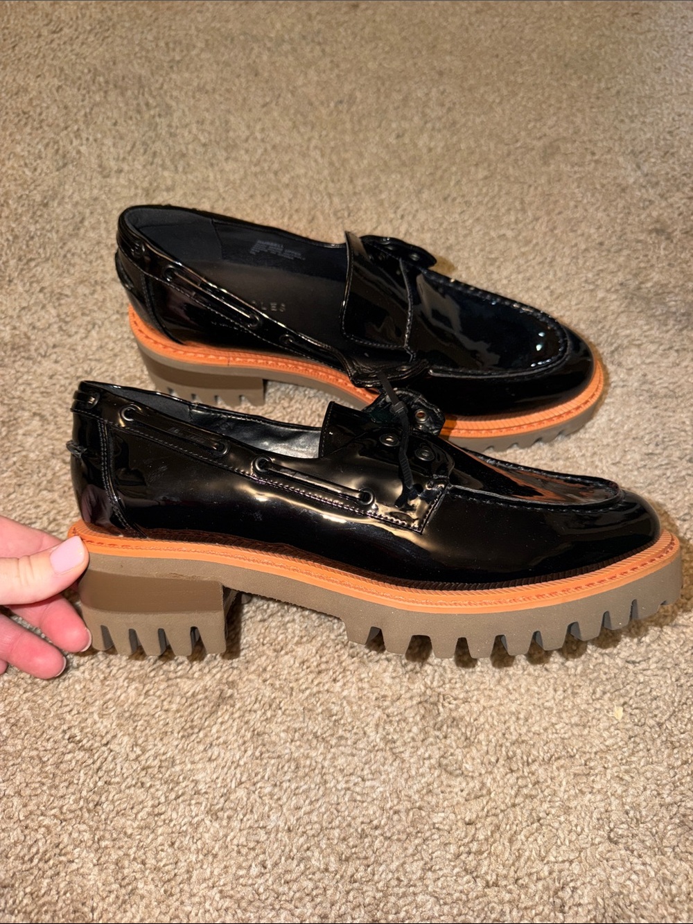 AEROSOLES Black Patent Lug Sole Loafers with Tan and Brown Accents